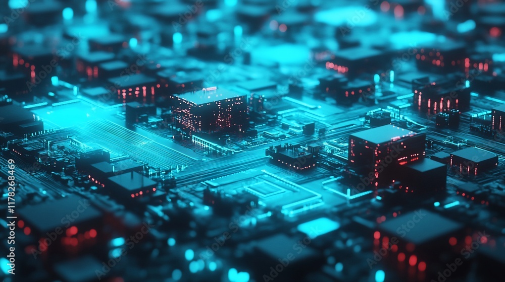Poster abstract digital circuit board with glowing neon blue and red lines.