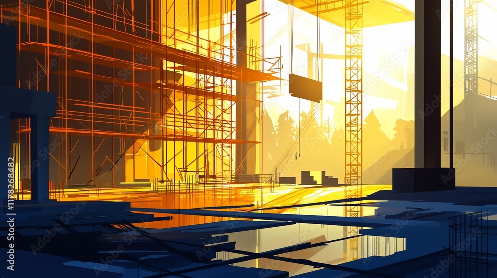 Poster sunrise at a construction site, showing scaffolding, cranes, and building framework.