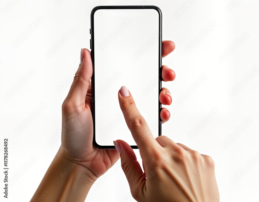 Poster Woman holding smartphone with blank screen. Finger taps home button. Isolated white background. Modern tech device. Blank display for app demonstration. Mockup for design. Person using touch screen.