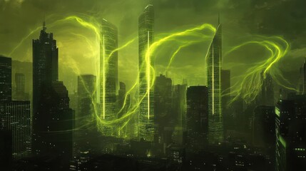 Futuristic city skyline with green energy streams.