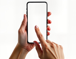 Woman holding smartphone with blank screen. Finger taps home button. Isolated white background. Modern tech device. Blank display for app demonstration. Mockup for design. Person using touch screen.