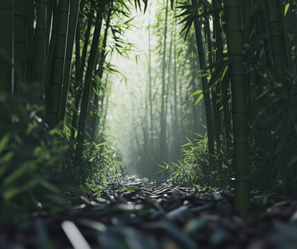 Lush bamboo forest pathway illuminated by soft morning light creating a serene atmosphere perfect for peaceful walks and meditation
