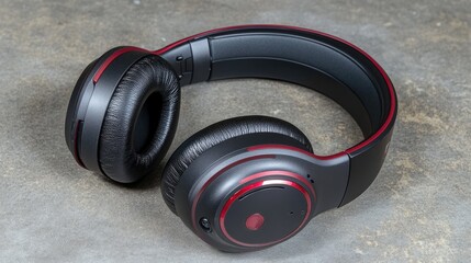 Naklejka premium Stylish wireless headphones with red accents on a textured surface