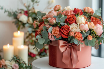 Bouquet of red and pink roses in a red round box with bow