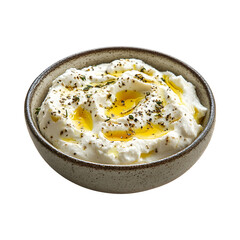 Labneh with Olive Oil in a Bowl Isolated on Transparent Background
