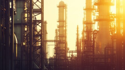 Industrial refinery at sunset, large towers and pipelines.