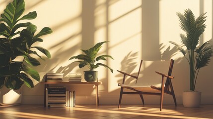 A cozy corner with plants and a chair, illuminated by soft sunlight.
