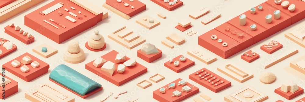 Poster Abstract isometric composition of various geometric shapes and objects on a light background.