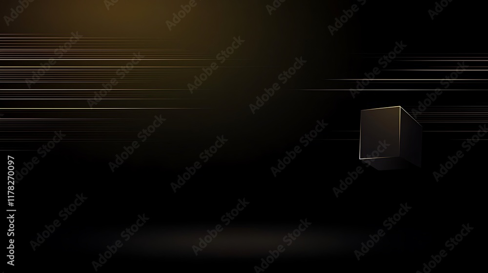 Poster abstract dark background with a floating black cube and golden light streaks.