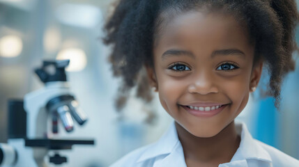 Little African American girl with microscope in the background