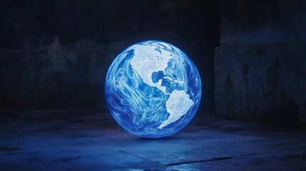 Glowing blue Earth globe in dark room.