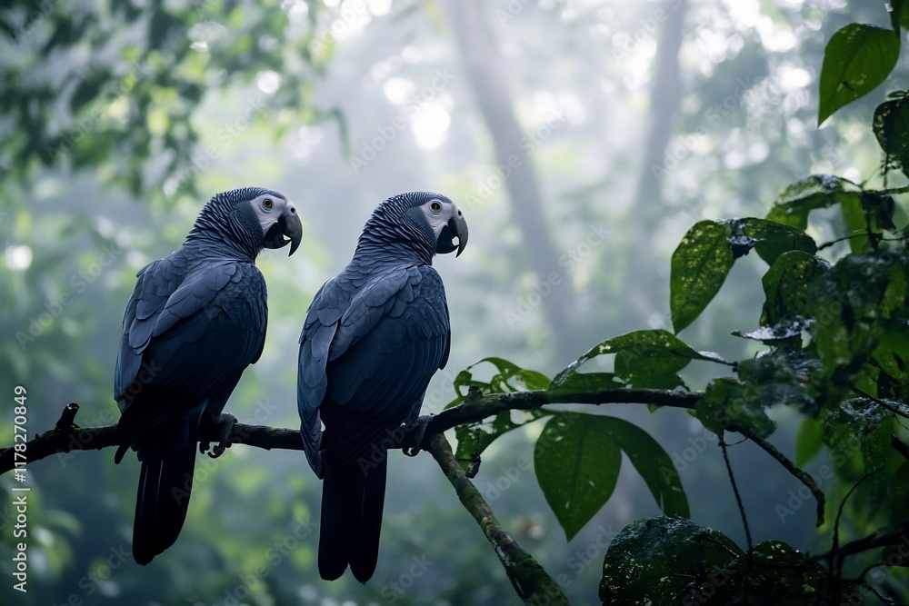 Poster two hyacinth macaws perched on a branch in a misty rainforest.