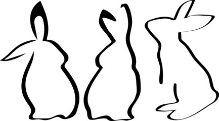 set of simple icons of easter bunny in different poses with long ears drawn with lines, for various logos or designs