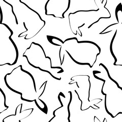 seamless pattern of simple icons of easter bunny in different poses with long ears drawn with lines, for various logos or designs