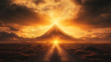 Majestic mountain peak at sunset, road leading towards it.