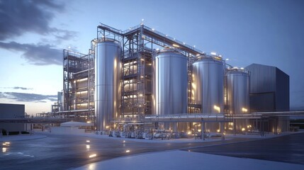 Obraz premium Modern industrial facility at dusk.
