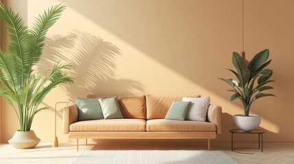 Fototapeta premium Cozy Beige Living Room with Palm Plants and Sofa - Peaceful Home Interior Design