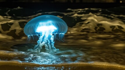 Obraz premium Glowing jellyfish on beach at night.