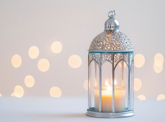 Elegant Arabic lantern with a candle on a white background, featuring a soft bokeh effect for an ethereal touch. The lantern is adorned in light blue and silver tones, creating a serene atmosphere.