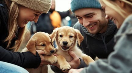A heartwarming scene with people joyfully interacting with adorable puppies, showcasing the unbreakable bond between humans and their furry friends in a lively atmosphere.