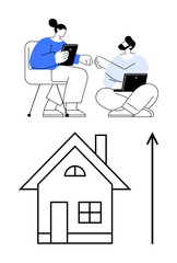 Two people engaging with digital devices, sitting back-to-back. A house with upward arrow symbolizes growth. Ideal for teamwork, communication, real estate, technology, digital collaboration