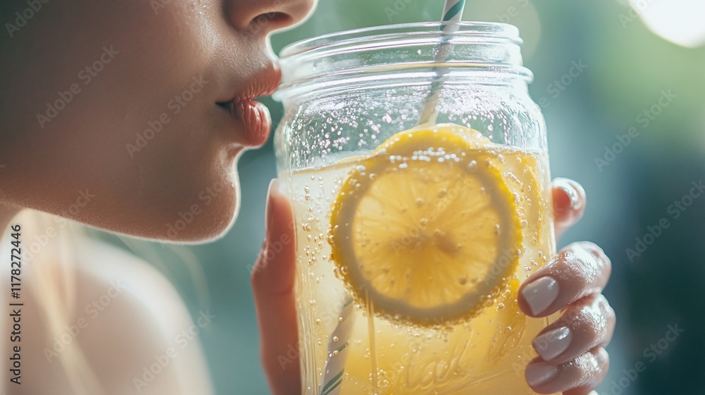 Poster woman's lips near a mason jar of refreshing lemonade with lemon slices and straw.
