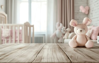 Empty wooden table top with a blurred baby room interior background for product display, montage photography, stock photo. 