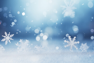 Naklejka premium a winter-themed background with falling snowflakes and bokeh lights. the soft blue and white tones create a festive, seasonal atmosphere, evoking winter, holidays, and cold weather.