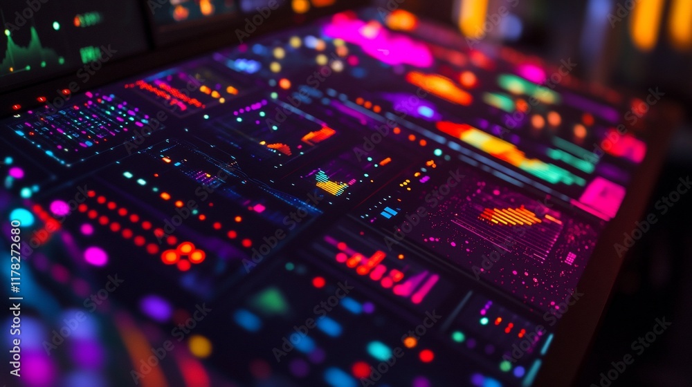 Poster Colorful digital dashboard displays data visualizations, graphs, and charts on a large screen in a dark room.