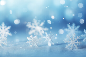 Naklejka premium Snowflakes on Blue Winter Background | Frozen Theme, Seasonal Decoration, Bokeh Effect