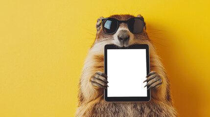A pretty cool groundhog in sunglasses holds a tablet with a white screen in his paws. A mockup of a stylish tablet. Groundhog Day. Online shopping