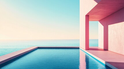 Minimalist Pink Architecture by Ocean Pool, Sunset Serenity