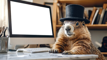 Groundhog Day. A stylish marmot in a black top hat sits at a table with a modern computer monitor with a white screen. A mockup of a stylish computer. Website advertising