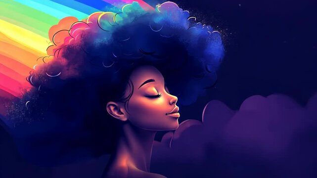 Colorful portrait of a woman with cloud-like hair and rainbow hues in a cosmic background showcasing creativity and self-expression