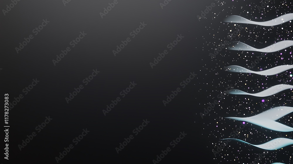 Poster abstract dark background with glowing waves and particles.