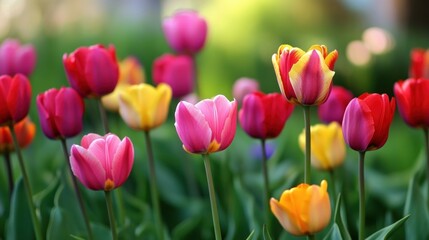 Vibrant colorful tulips blooming in a garden.