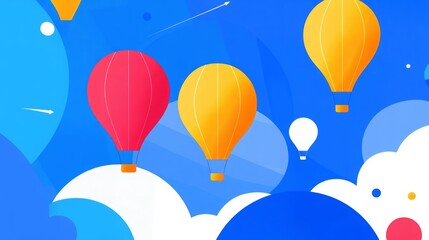Obraz premium Colorful hot air balloons float across a vibrant blue sky, creating a cheerful and whimsical scene.