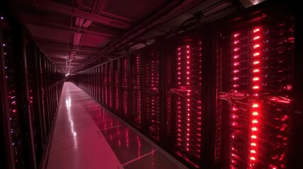Red-lit server room corridor.