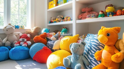 Colorful playroom filled with plush toys.