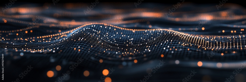 Poster abstract dark wave of glowing particles.