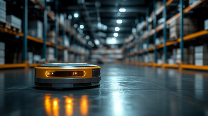 Autonomous robots in a sleek modern warehouse moving goods efficiently glowing in white and gold tones with a blurred background and empty space for captions conveying innovation and automation

