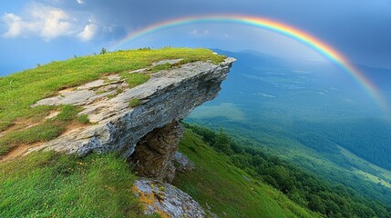Rainbow over mountain cliff with green valley view, ideal for travel posters