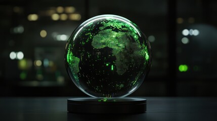 Glowing green earth globe levitating on dark surface.