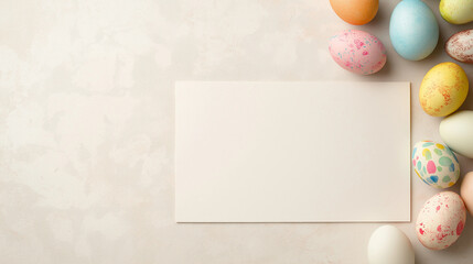 Easter eggs framing blank menu mockup on table with copy space. Ideal for greetings or promotions with copy space for text or ads