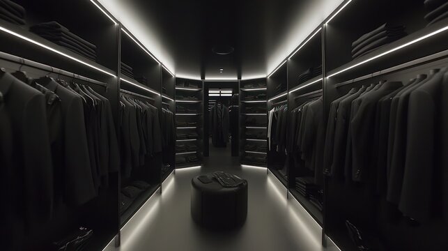 Modern minimalist black walk-in closet with suits and LED lighting.