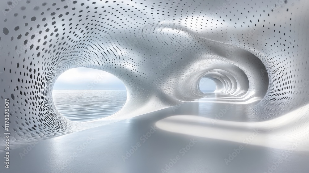 Poster abstract modern architecture:ocean view through perforated tunnel