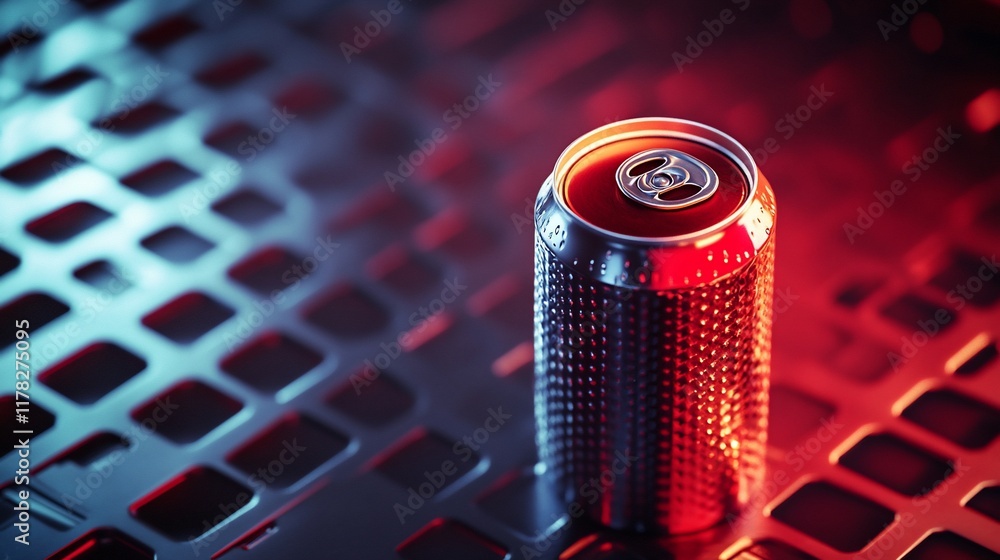 Poster close-up of a metallic beverage can on a textured surface, illuminated with red and blue light.