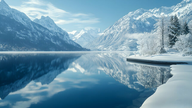 Serene Winter Landscape: Snow-Capped Mountains Mirrored in a Tranquil Lake