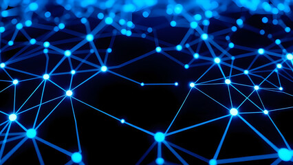 Artificial Intelligence Networks. A set of glowing blue connections fills the dark background, representing digital networks.