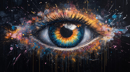 Fototapeta premium Cosmic Eye: A mesmerizing painting of a human eye engulfed in a vibrant explosion of color and cosmic dust, evoking themes of perception, imagination, and the mysteries of the universe. 